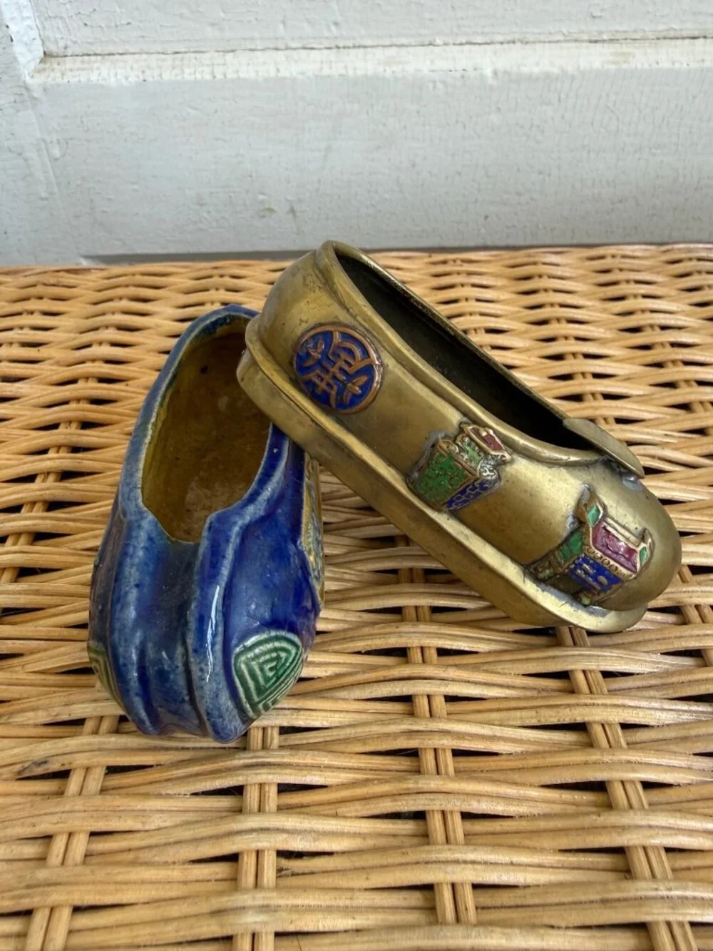 Vintage 1930s Chinese Slipper Shoe AshTray Pottery & brass with enamel